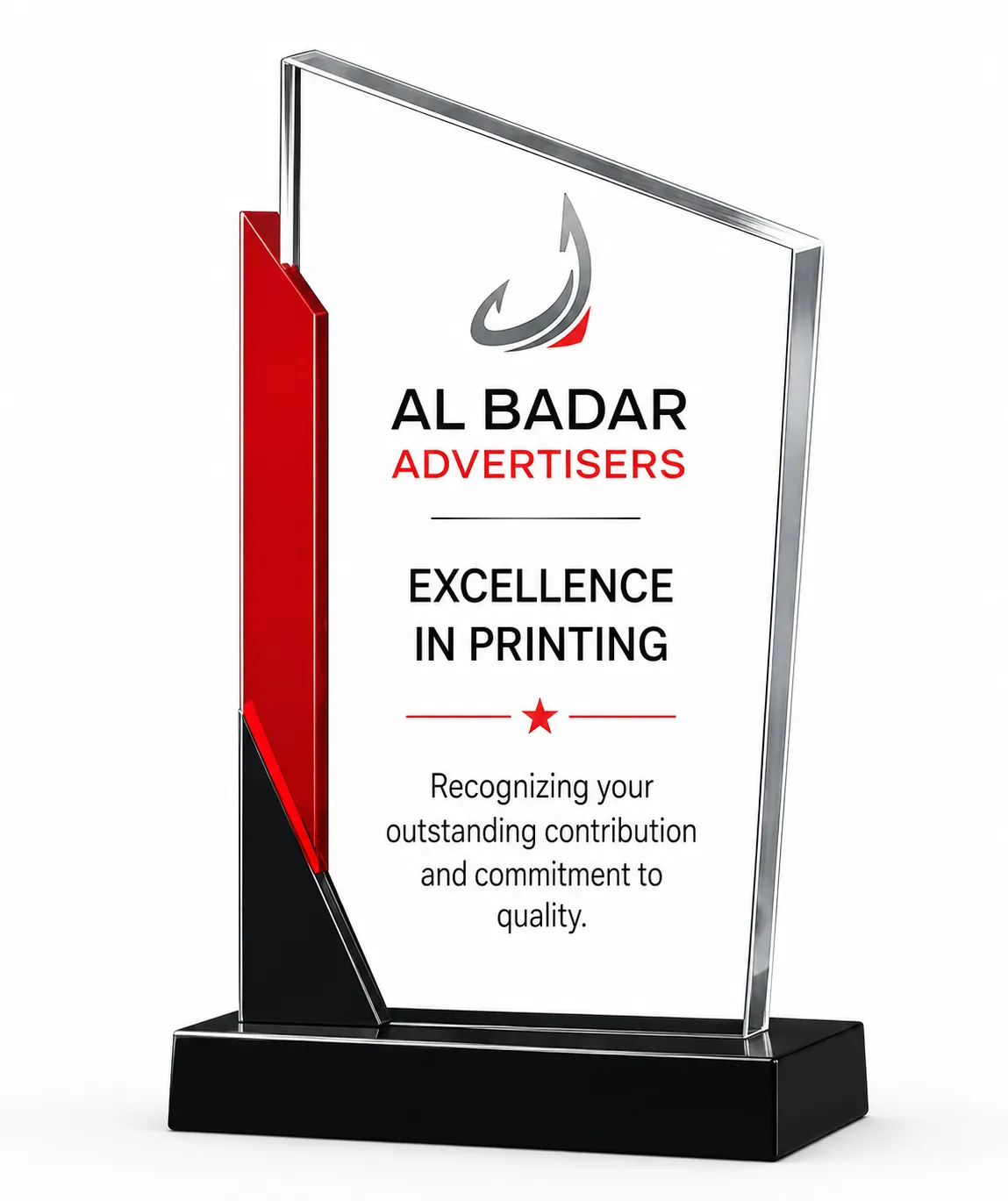 Angled-peak acrylic award with a red accent stripe on a black base