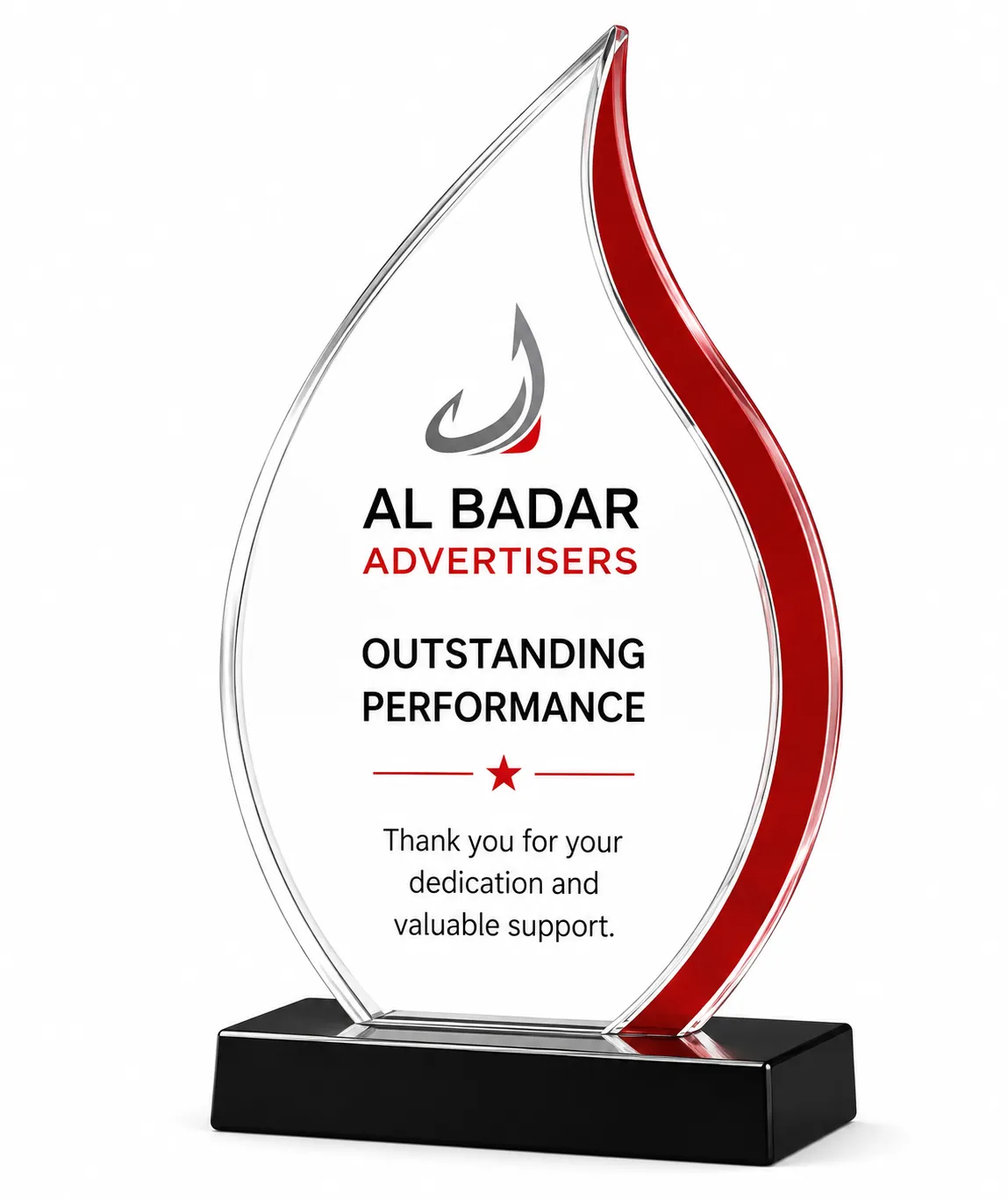 Flame-shaped crystal acrylic award with red accent edge on a black base