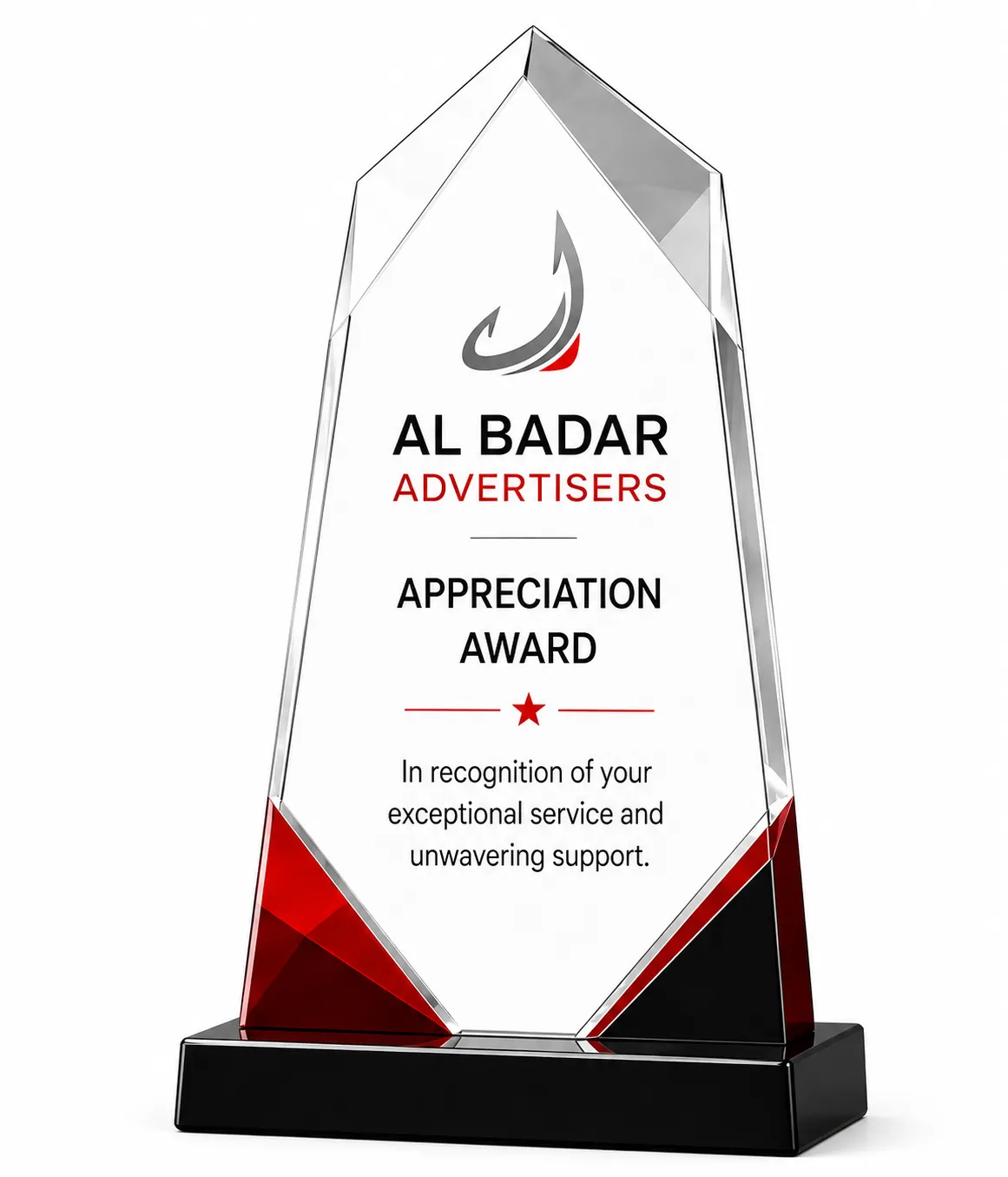 Pointed obelisk acrylic award with faceted red corner accents on a black base
