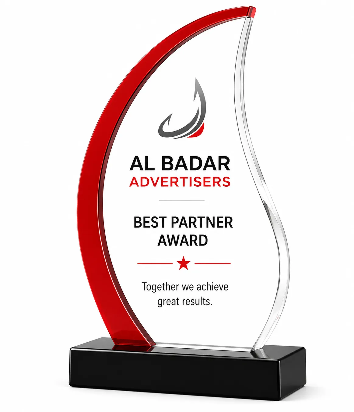 Curved petal-shaped acrylic award with a bold red blade and clear blade on a black base