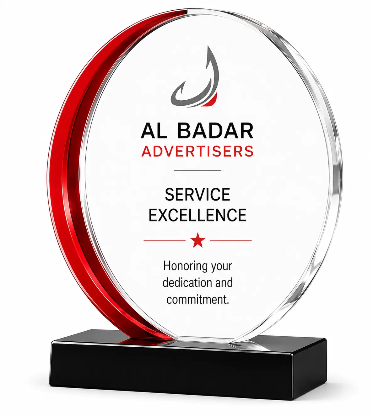 Circular acrylic award with a red crescent arc on a black base