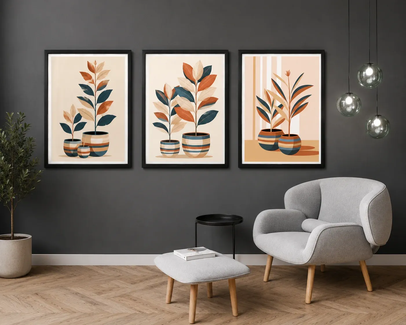 Three boho botanical prints styled as a triptych on a dark wall