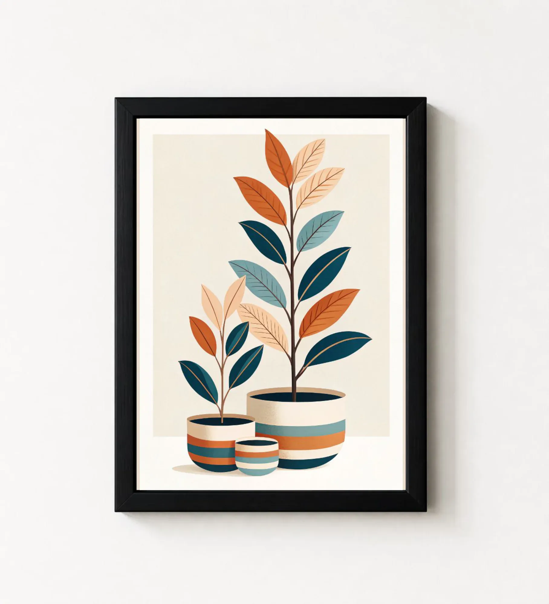 Boho botanical print of leafy stems in striped planters, in a black frame