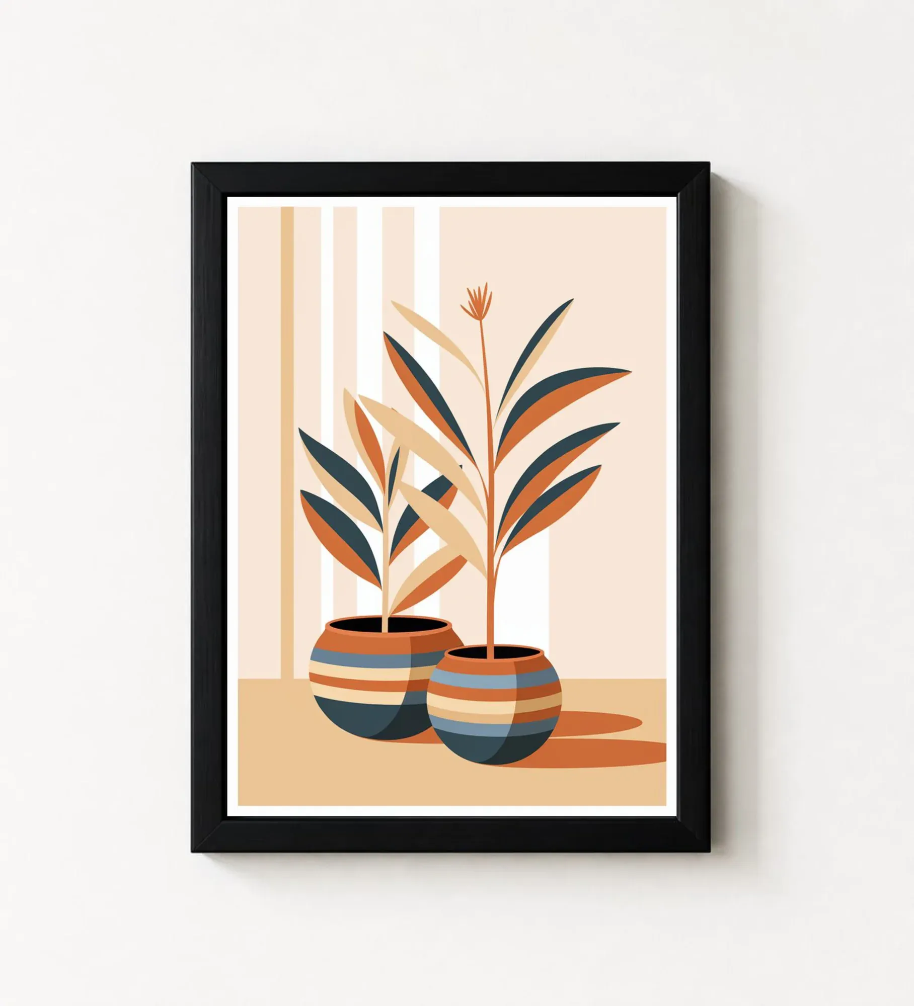 Boho botanical print of plants in two patterned pots, in a black frame