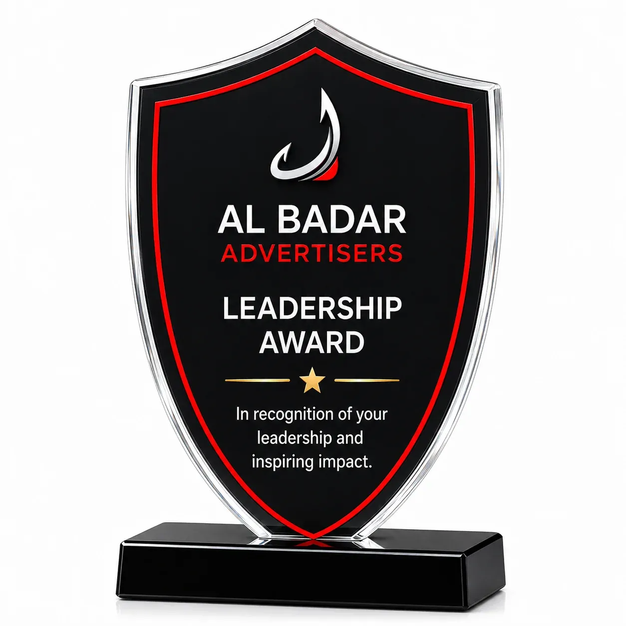 Shield-shaped black acrylic award with a red border on a black base