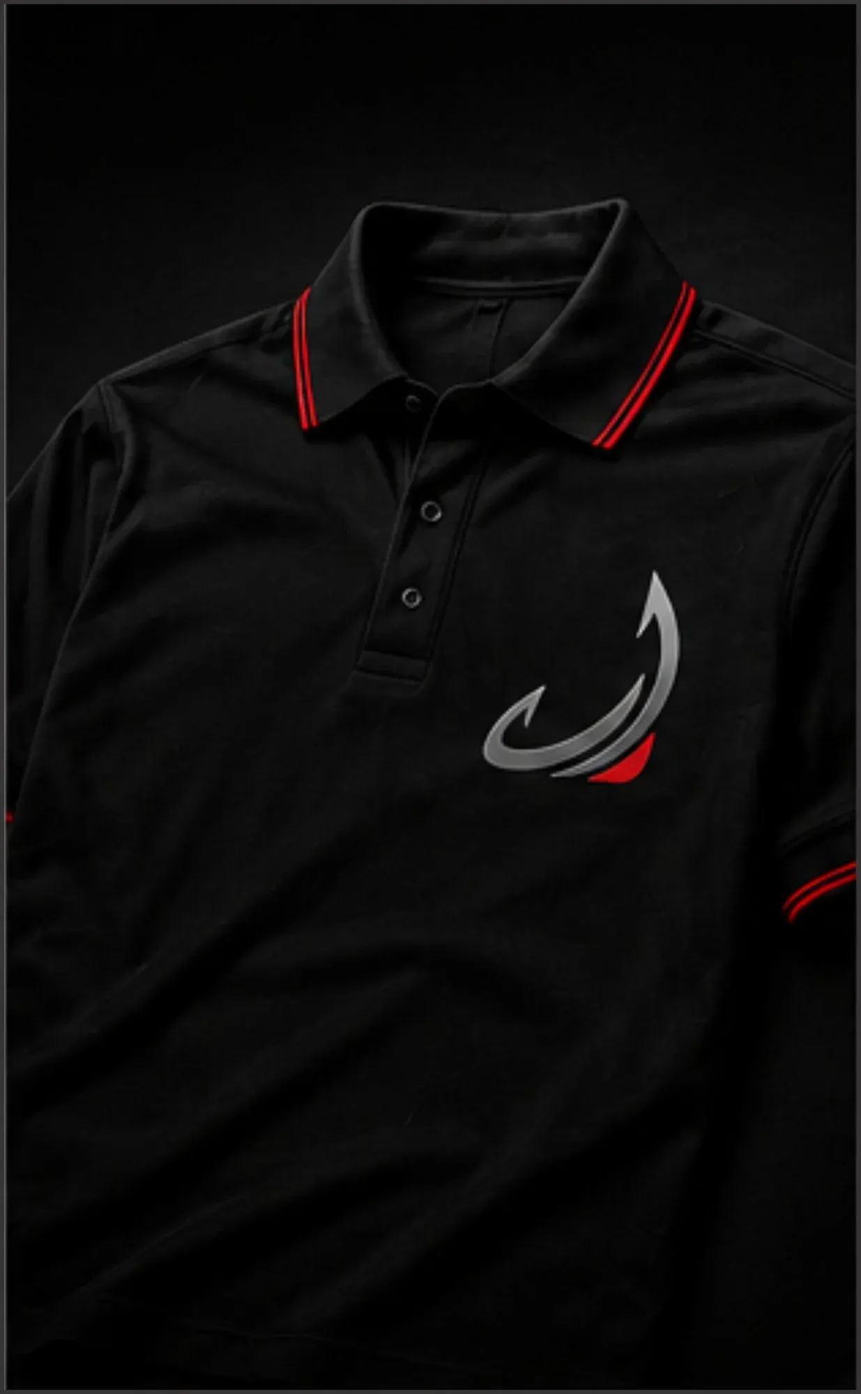 Black polo shirt with a red collar accent and embroidered logo