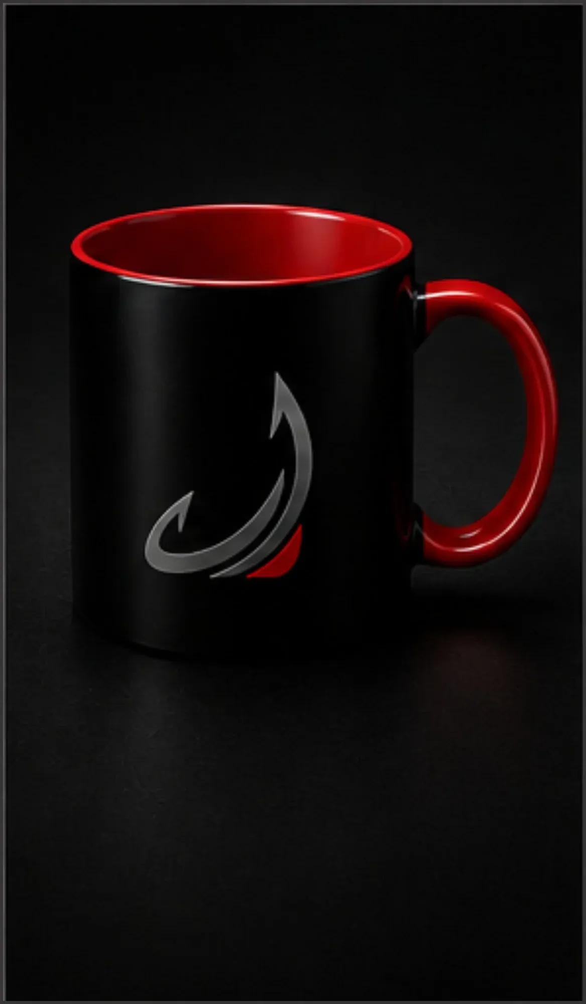 Black mug with a red interior and a printed brand logo