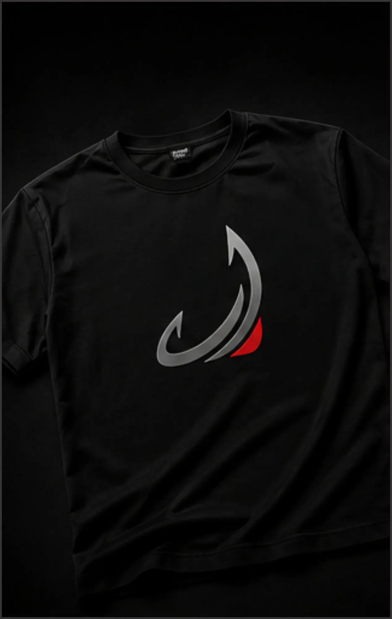 Black t-shirt with a printed brand logo