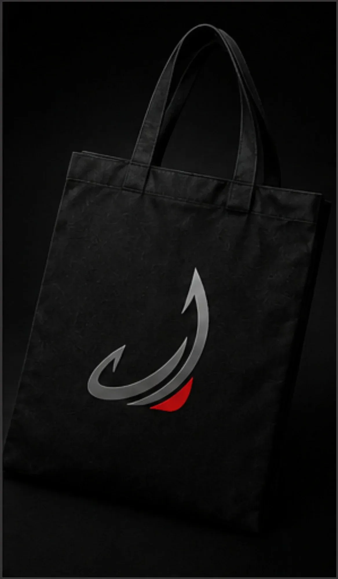 Black tote bag with a printed brand logo