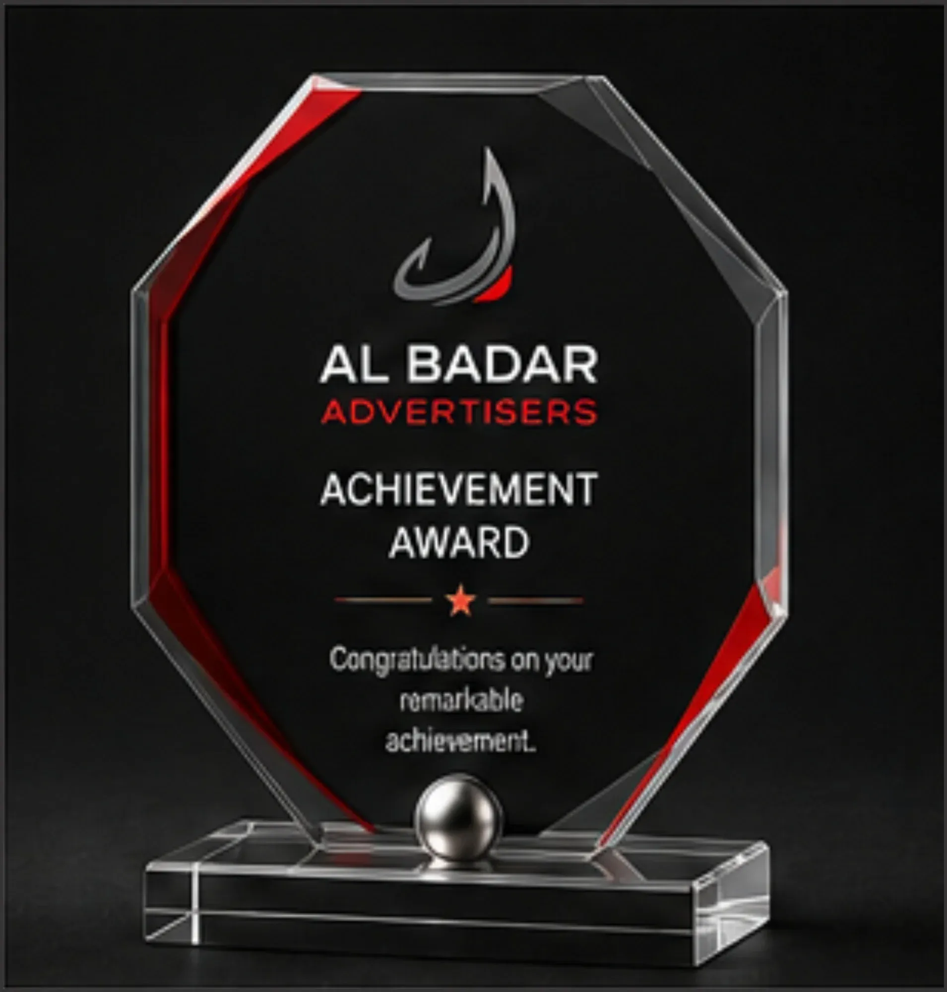 Octagonal acrylic award with red and black detailing on a base