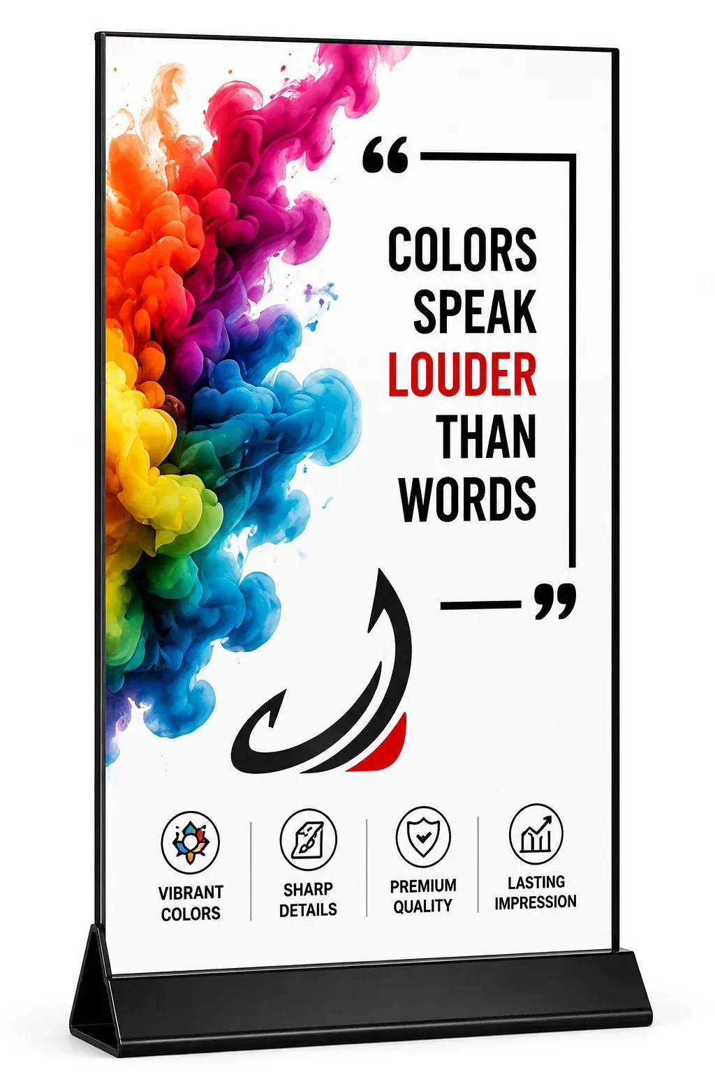 Roll-up standee with colourful artwork and headline text