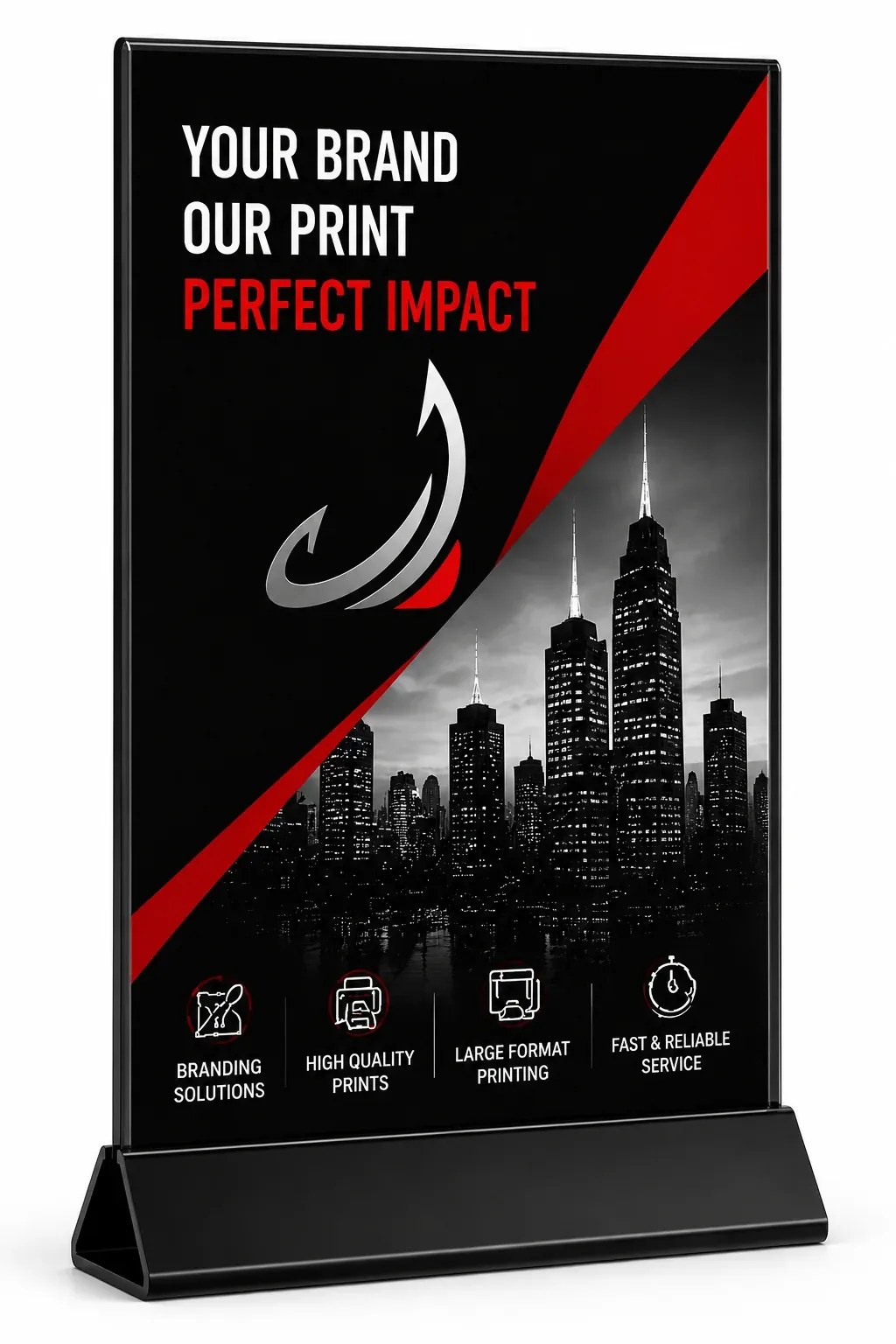 Roll-up standee with a city skyline and brand headline