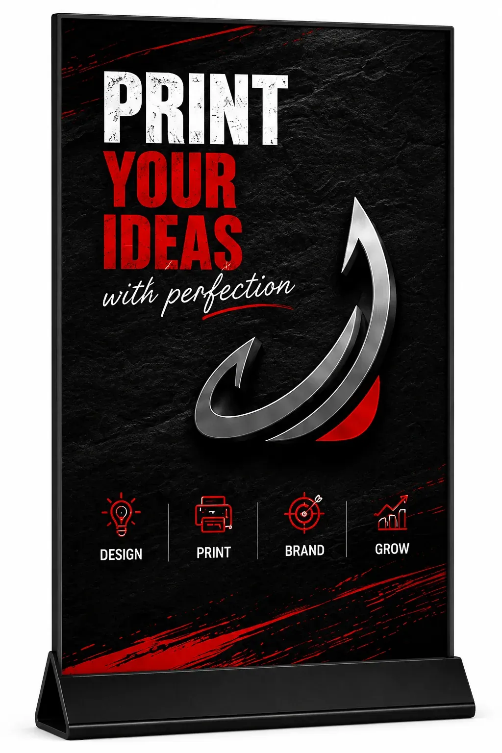 Dark roll-up standee with bold red-and-white print