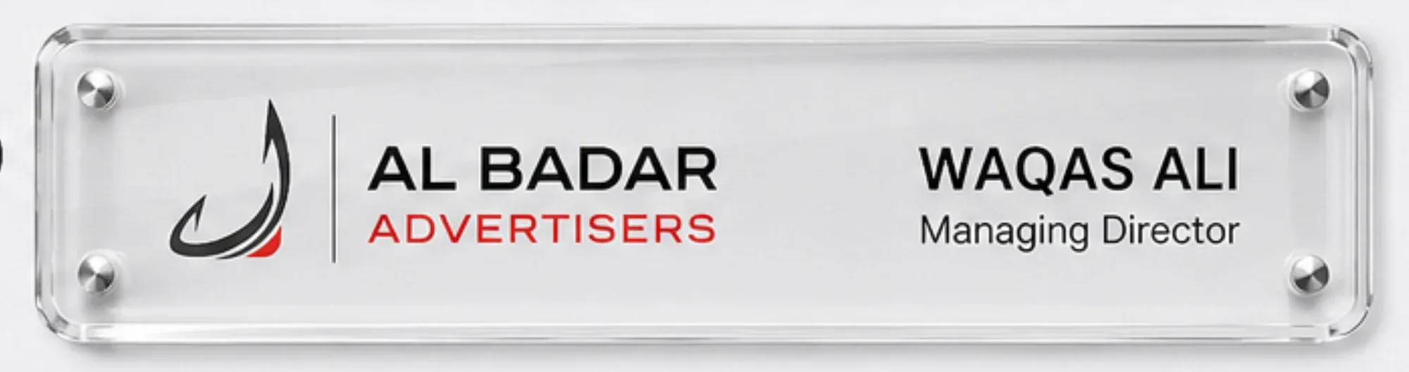 Silver-finish acrylic name plate with a red accent and dark text