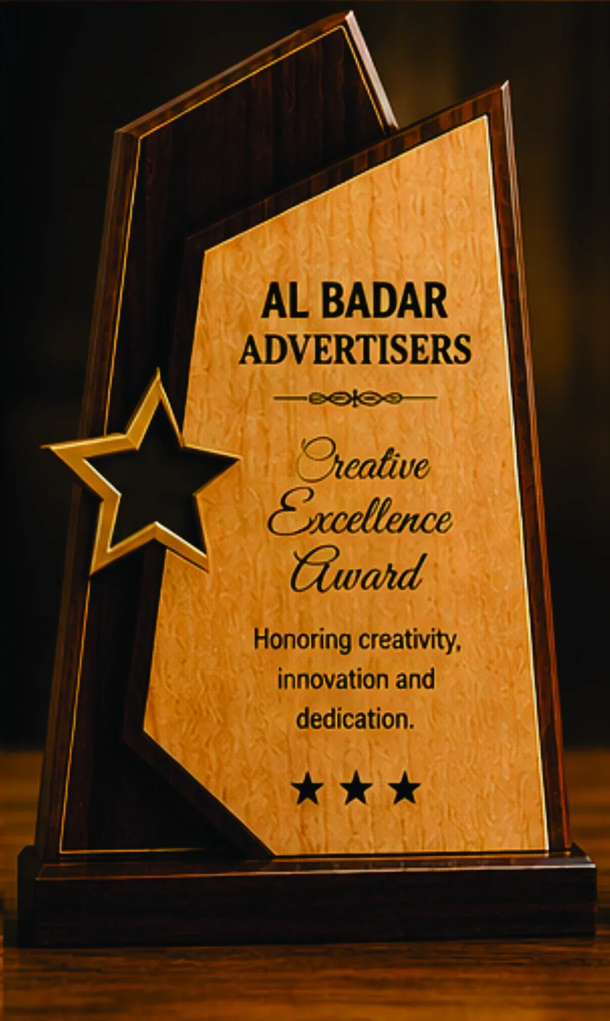 Angular wooden award with gold stars and engraved excellence text