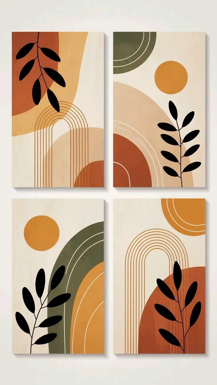 Abstract terracotta print of a rising sun and a single leaf in earthy tones